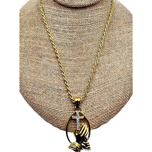 Praying Hands Symbolic Cross Pendant Necklace Oval Gold Christian Faith Religion - Picture 1 of 8